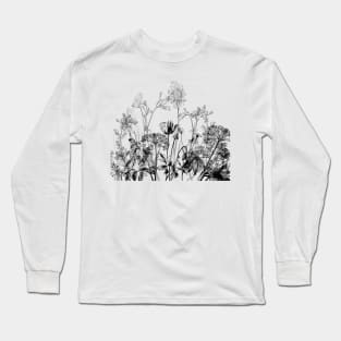 Black White Wild Flowers Botanical Pattern Illustration Vintage Long Sleeve T-Shirt